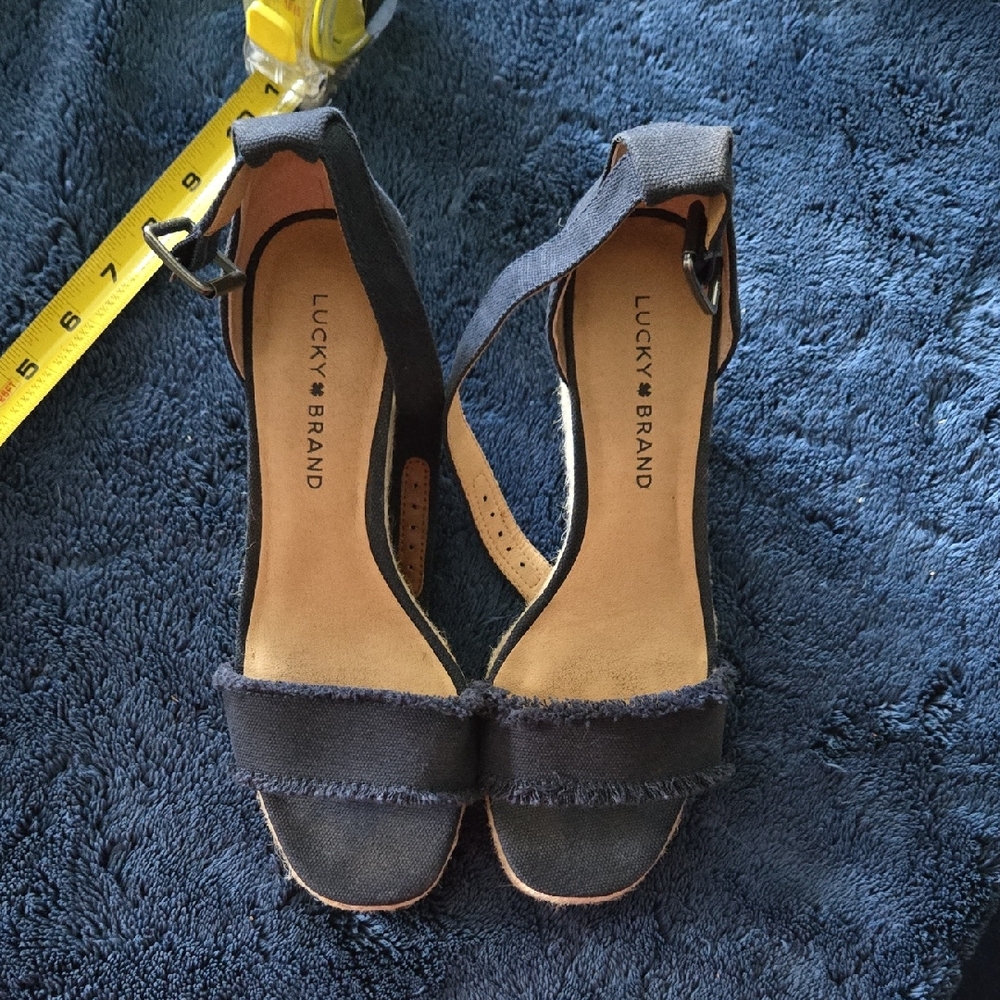 Lucky Brand Women's Navy Blue Wedge Sandals with Ankle Strap-size 7.5